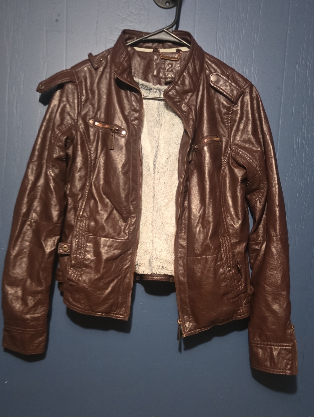 Brown Faux Leather Women's Jacket with Sherpa Lining
